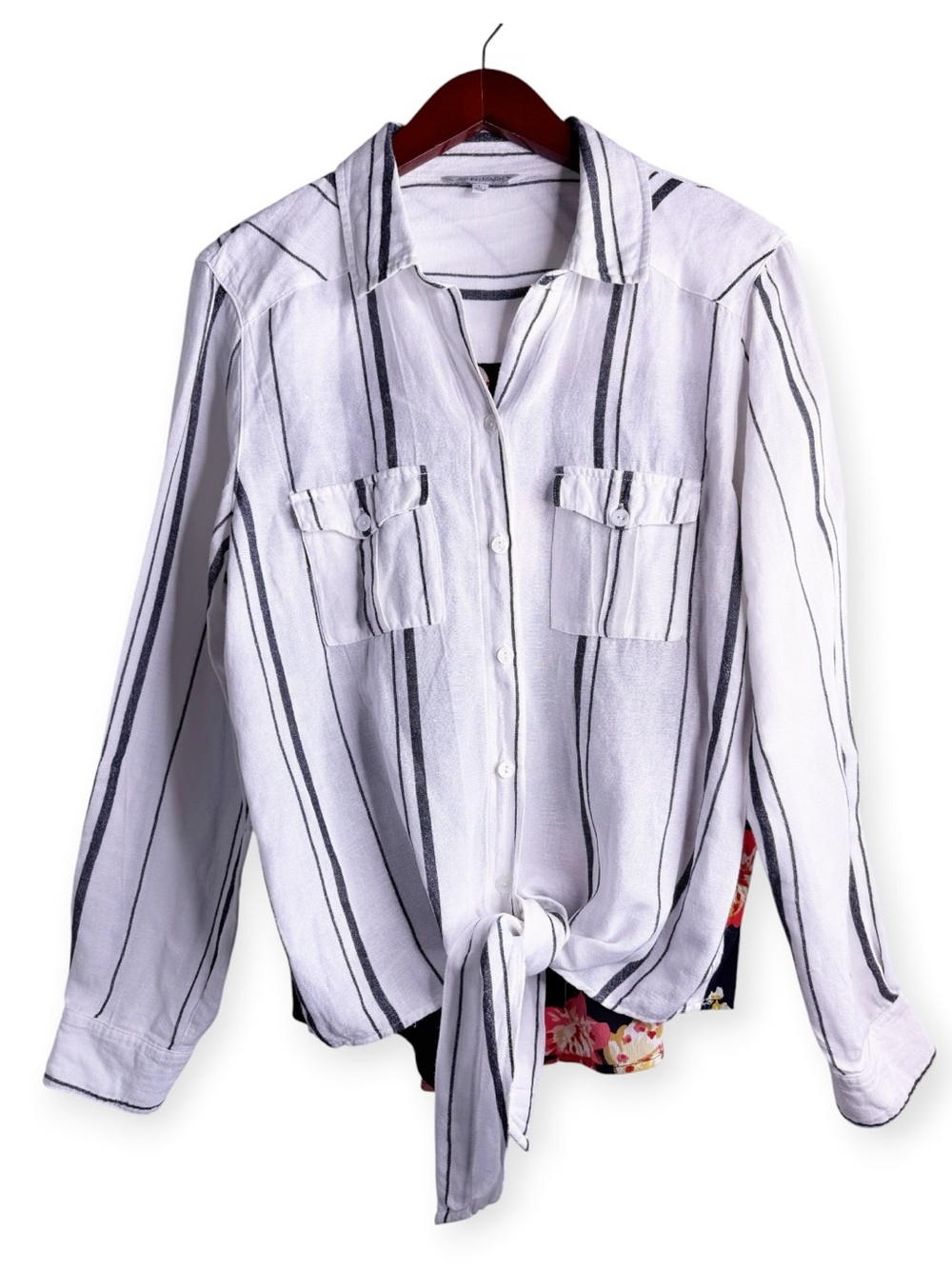JOHN MARK Tie Front Mixed Media Button Front Shirt Size Large